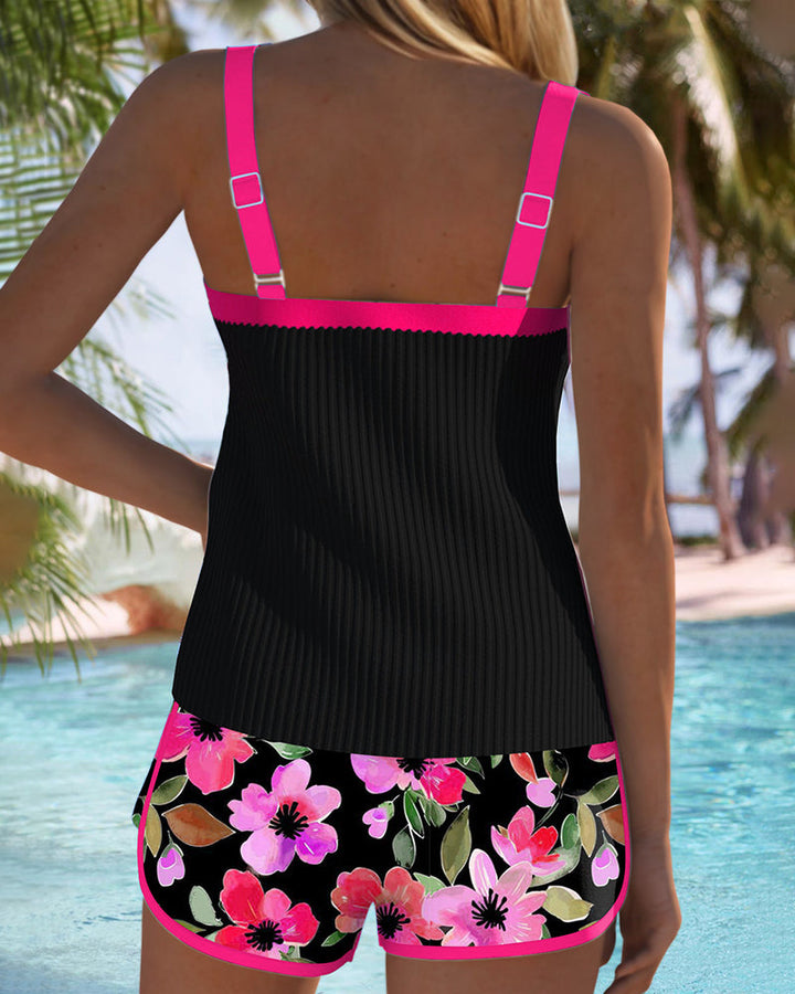Blue women's elegant tankini swim top and matching bottom, perfect for a poolside outfit.