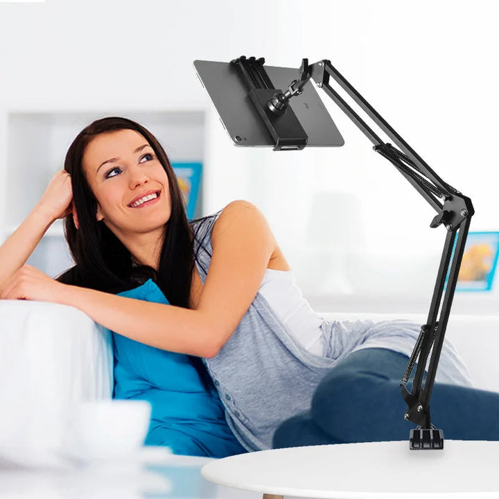 Premium aluminum tablet stand, adjustable & rotatable, perfect for ergonomic desk or bed setup.