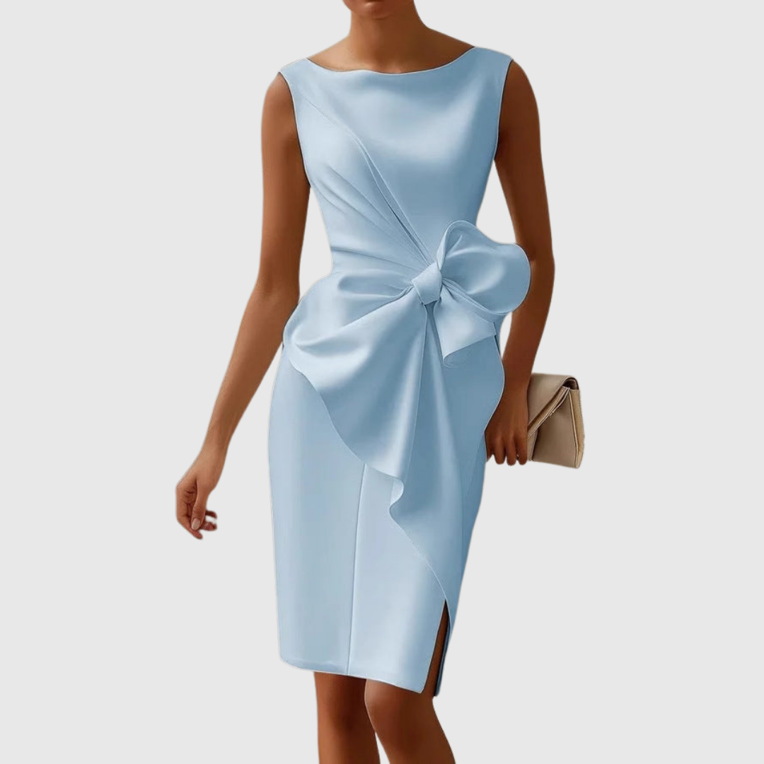 Women's Sleeveless Boat Neck Midi Dress with Side Bow
