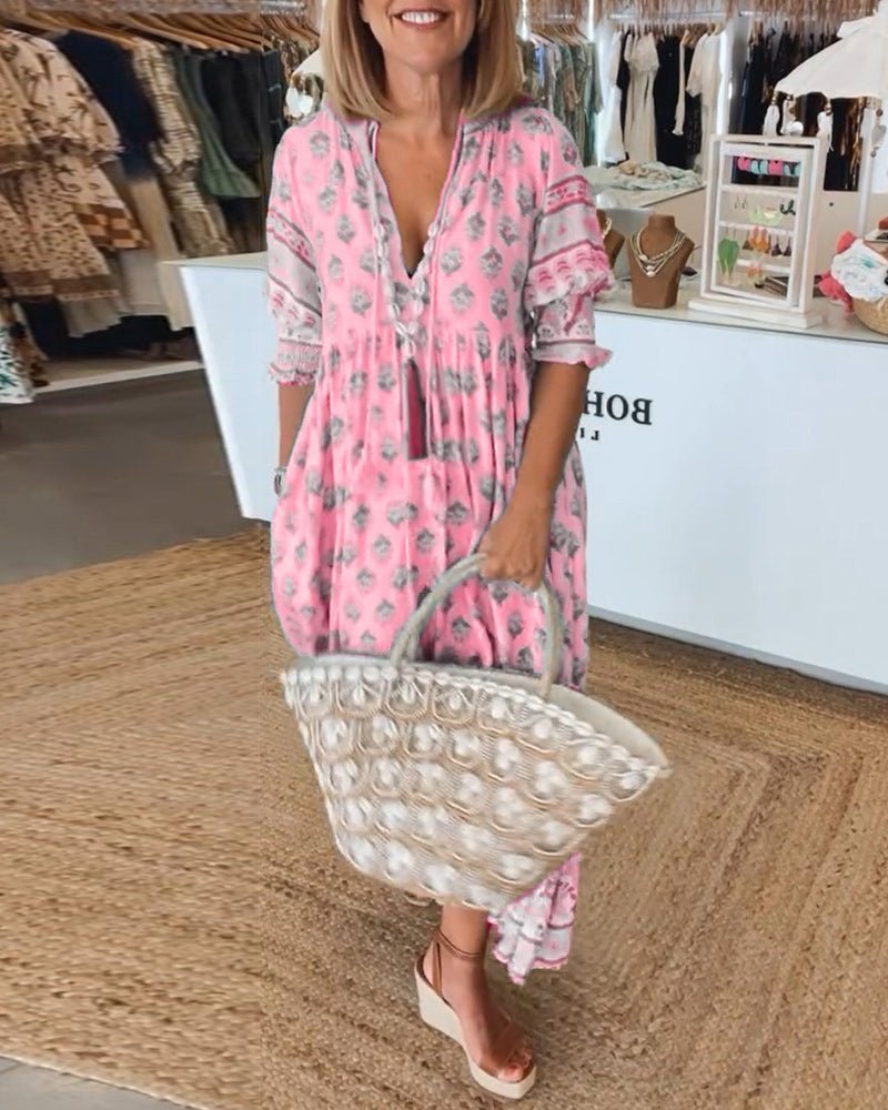 Floral V-Neck Midi Dress with Flowing Fit