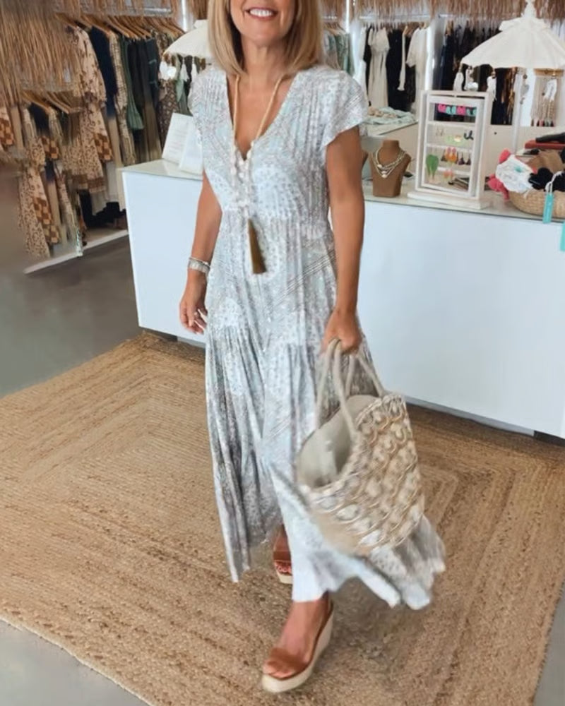 Elegant V-Neck Dress in White, Rosa, Blue