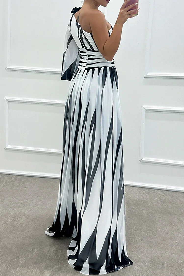 Flowing elegant women's striped maxi dress with a sophisticated one-shoulder design.