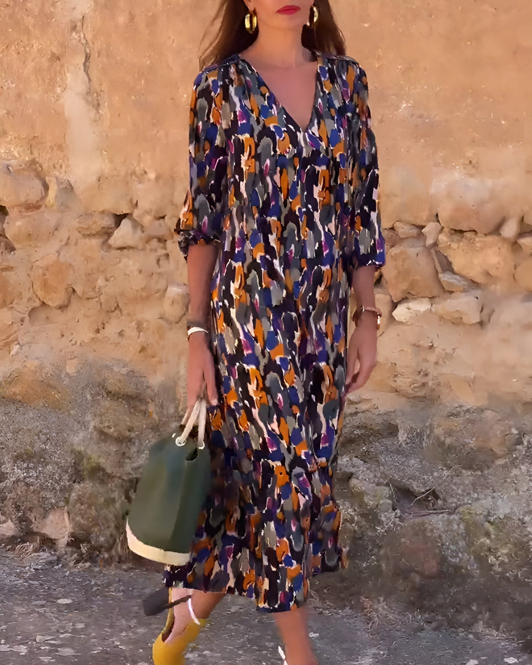 Women's Retro Print V-Neck Dress