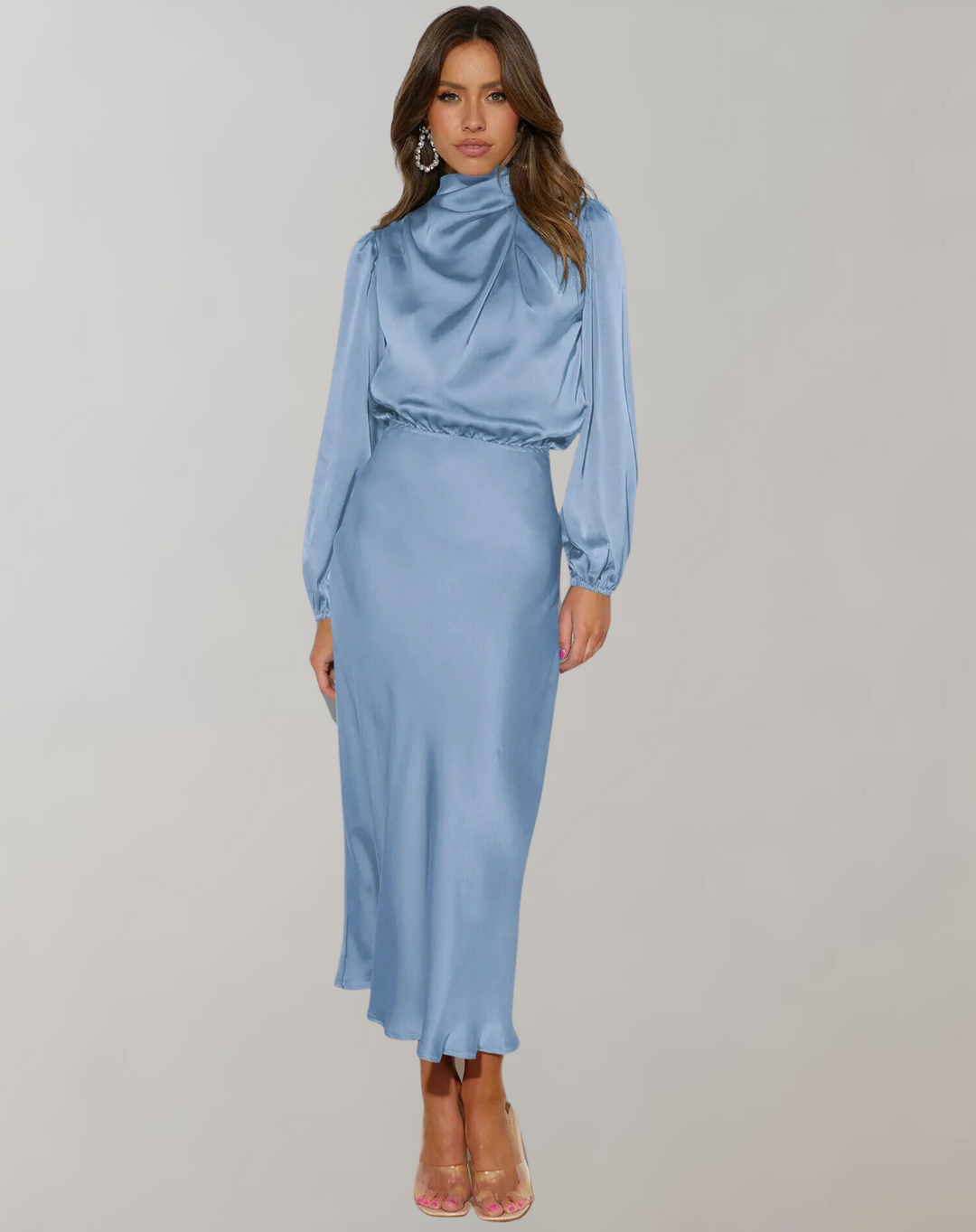 Stylish women's long sleeve loose fit party dress in pink, skye blue & dark blue. Ideal for special events.