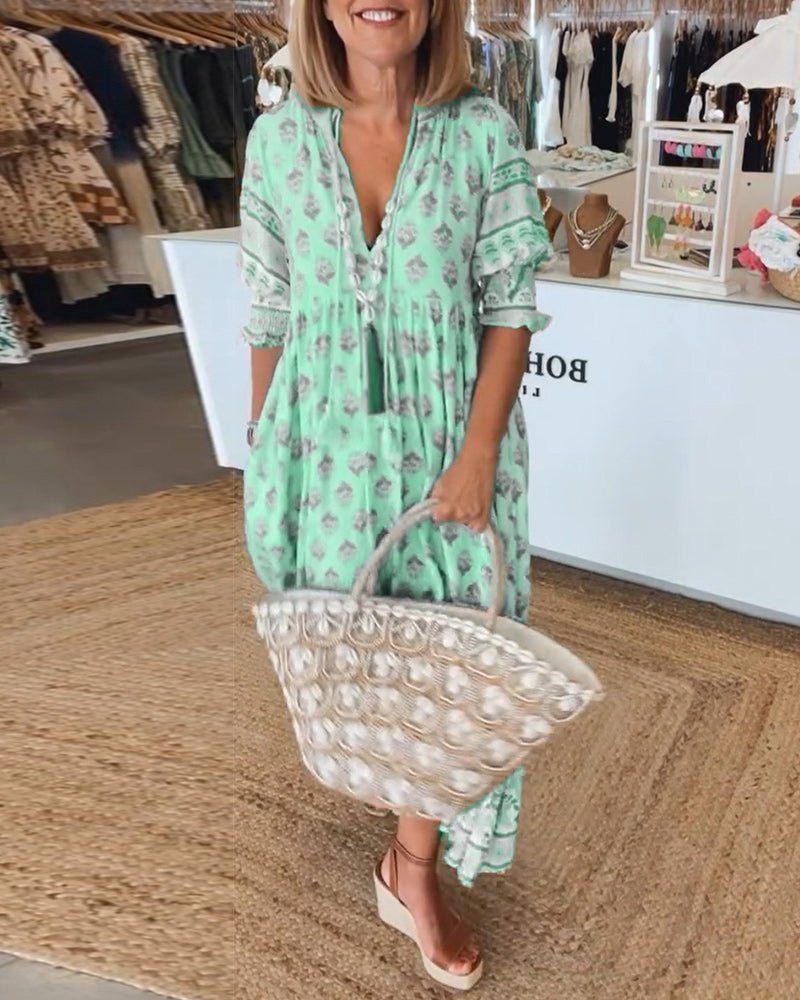 Floral V-Neck Midi Dress with Flowing Fit