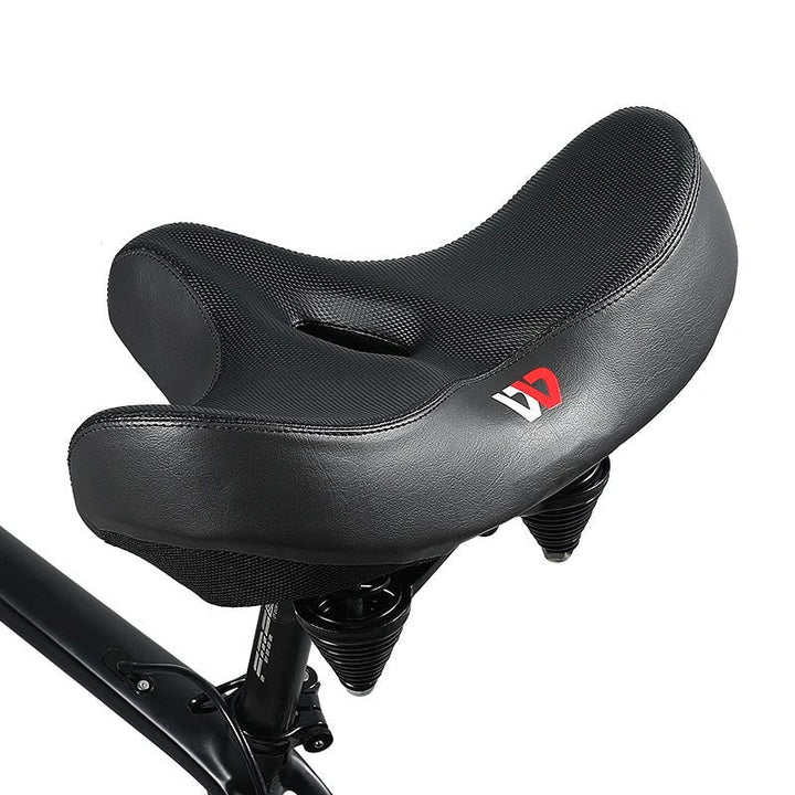 Comfortable wide bike saddle providing enhanced support for long rides on mountain, city, and e-bikes.