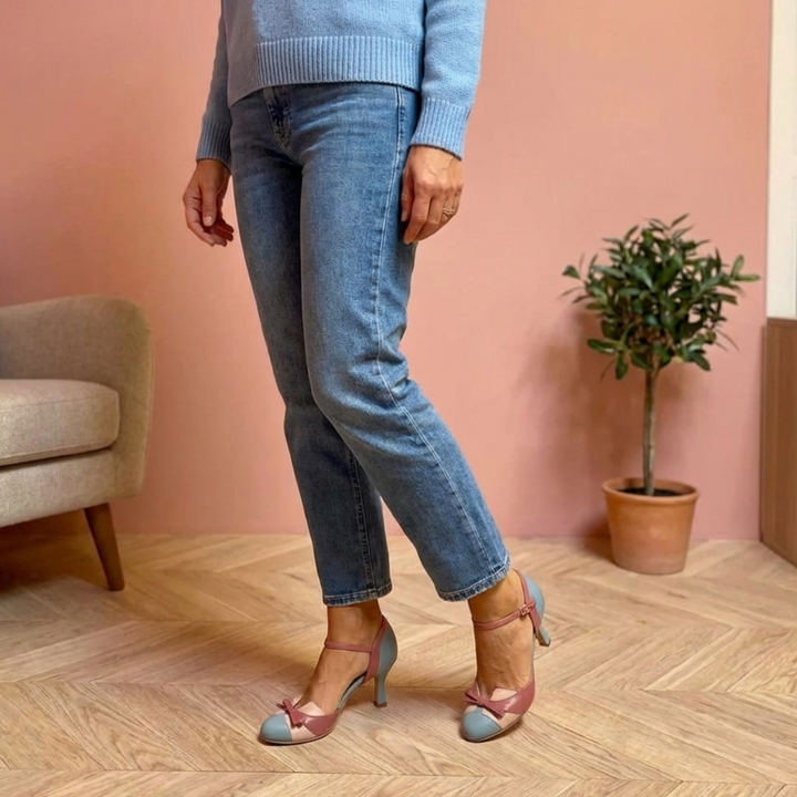Elegant dusty blue vintage sandals for women, featuring a mid heel & adjustable strap, ideal for casual or dressy wear.