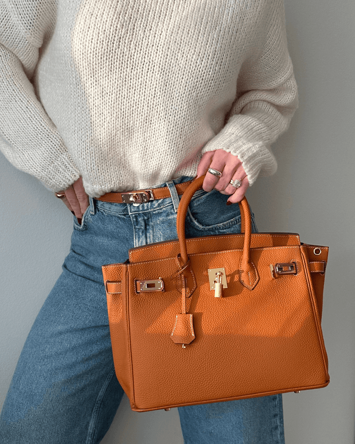 Chic women's accessory: embossed leather handbag with sleek gold-finish hardware.
