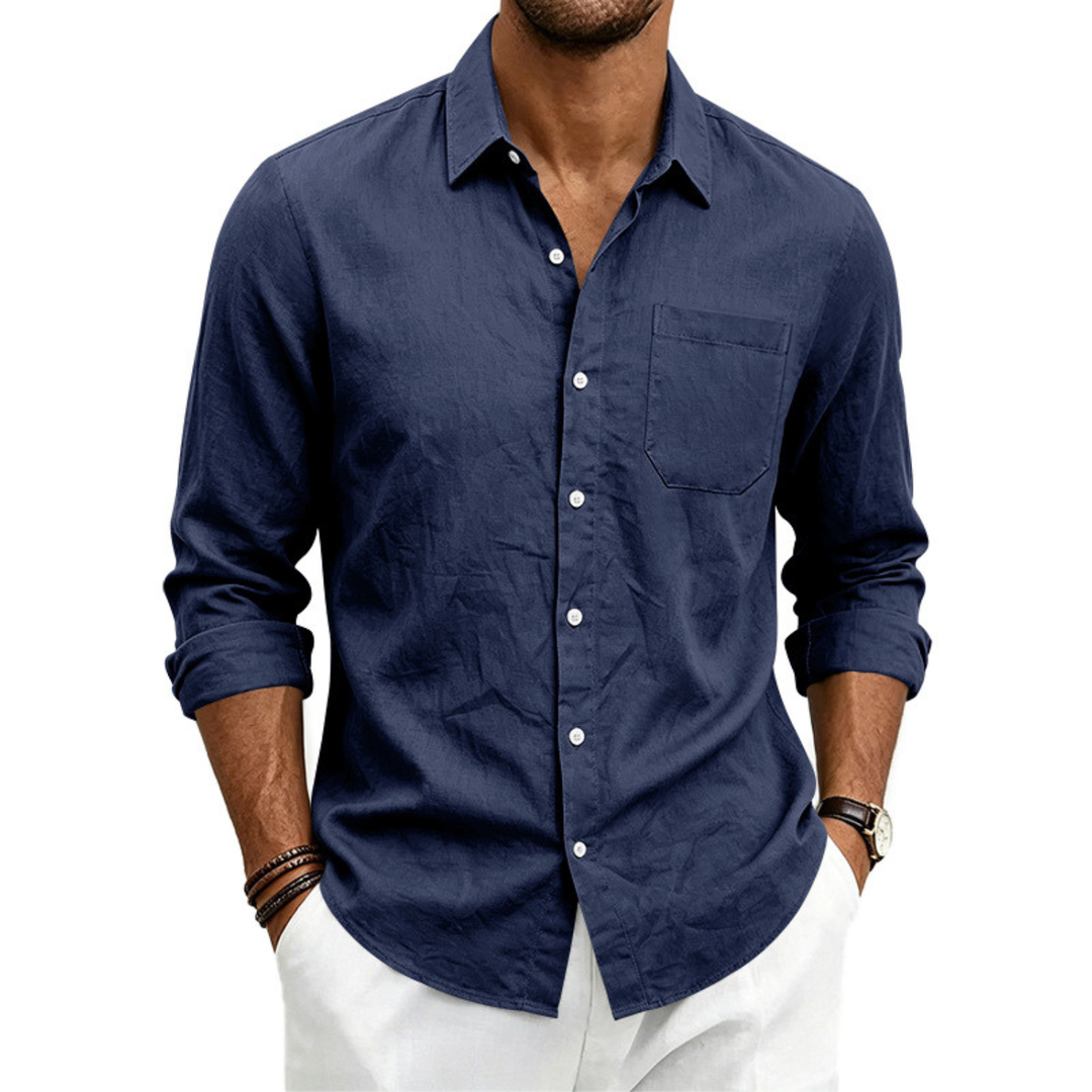 Relaxed loose-fit men's long-sleeve lapel shirt, a smart casual menswear piece for summer.