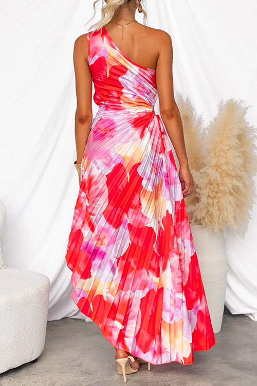 Vibrant print one-shoulder pleated women's summer dress, elegant party wear with a flattering asymmetric hem.