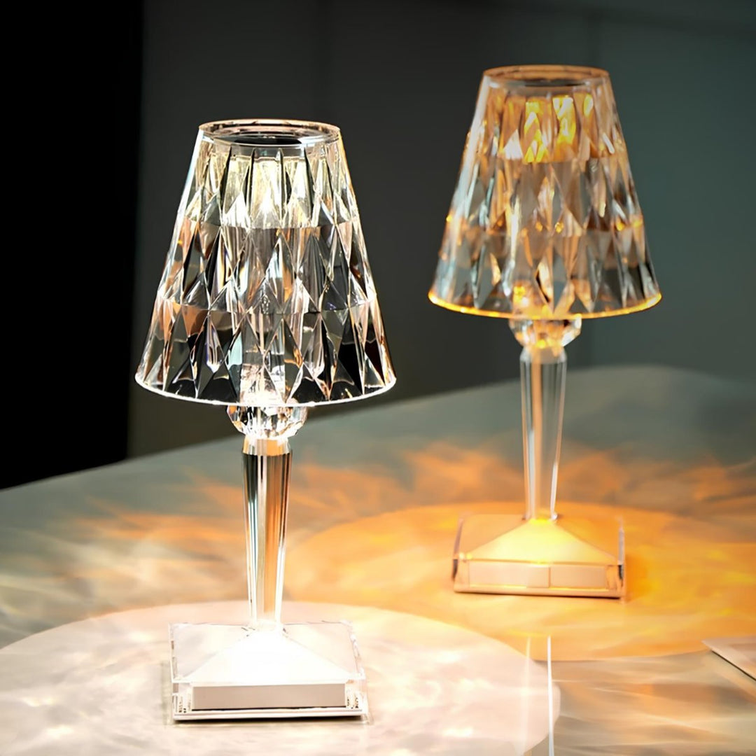 Dimmable crystal lamp, rechargeable LED, sparkling design, adds charm to home decor.