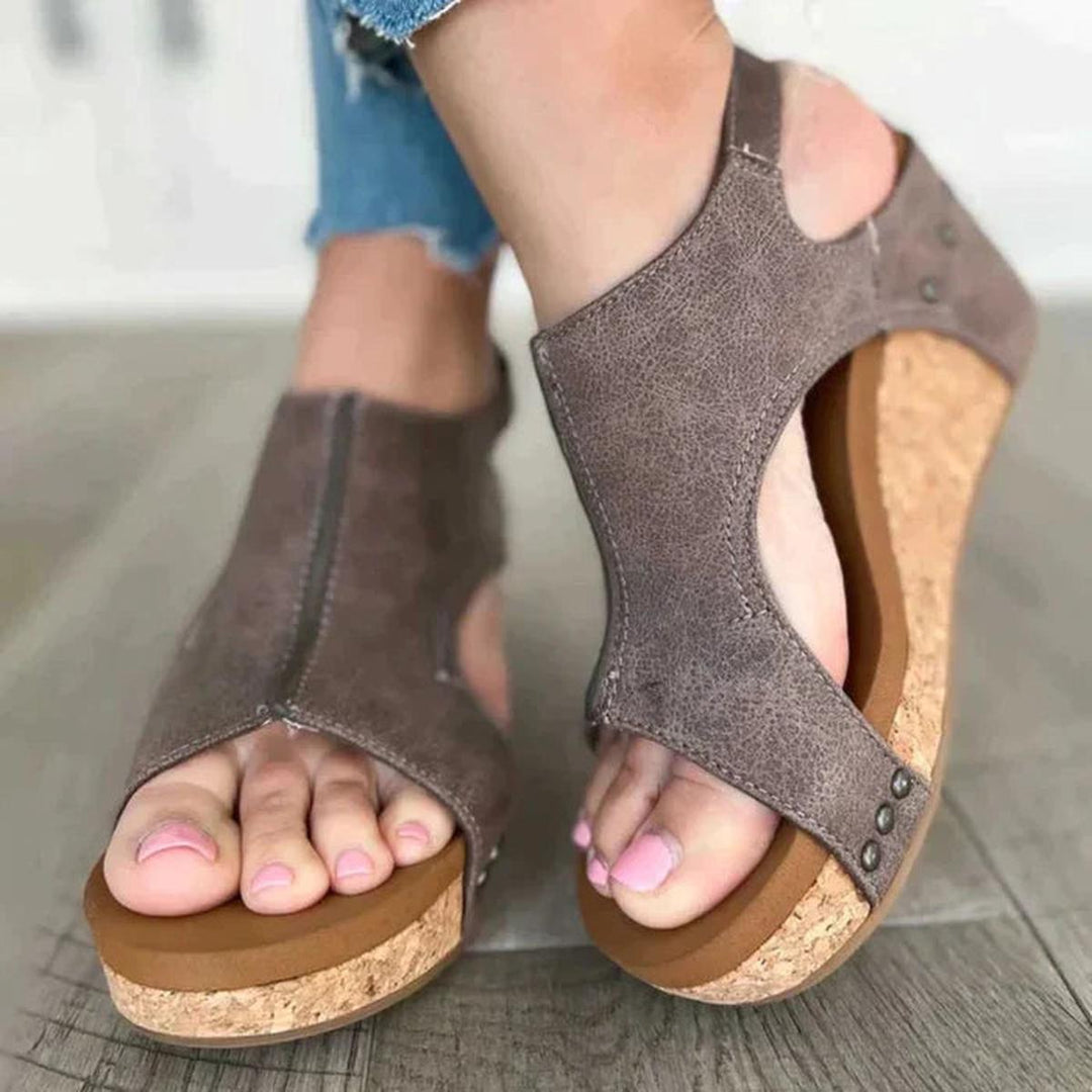Versatile women's open-toe wedge sandals. Easy slip-on comfort, perfect elegant footwear for summer everyday.