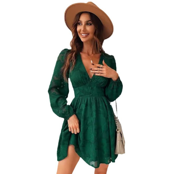 Stylish ladies' V-neck mini dress, featuring fashionable puff sleeves, ideal for cocktail parties & evening events.