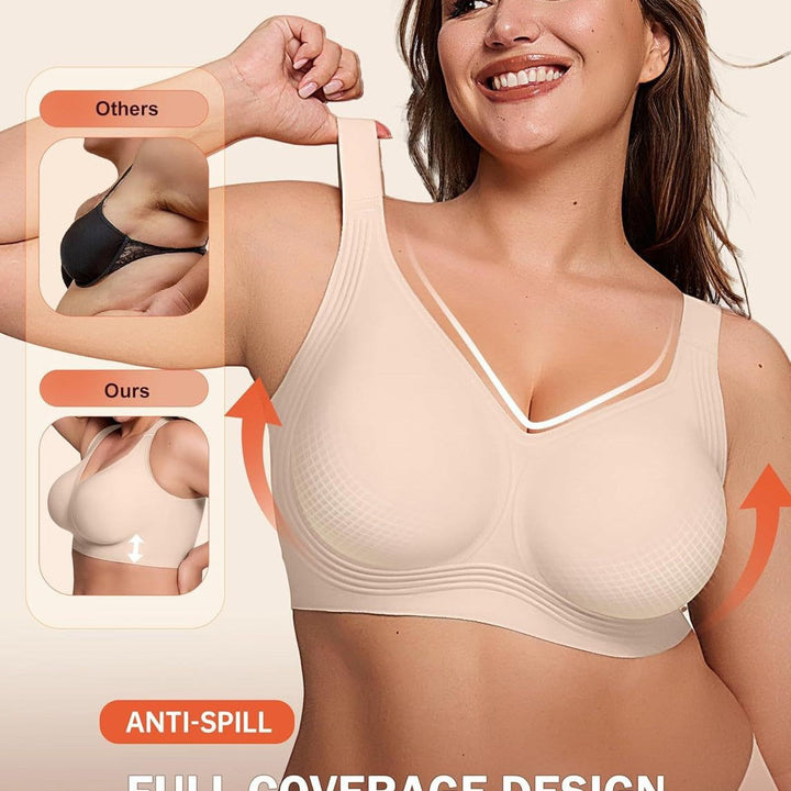 Women's full coverage wireless push-up bra in beige for everyday comfort & support.