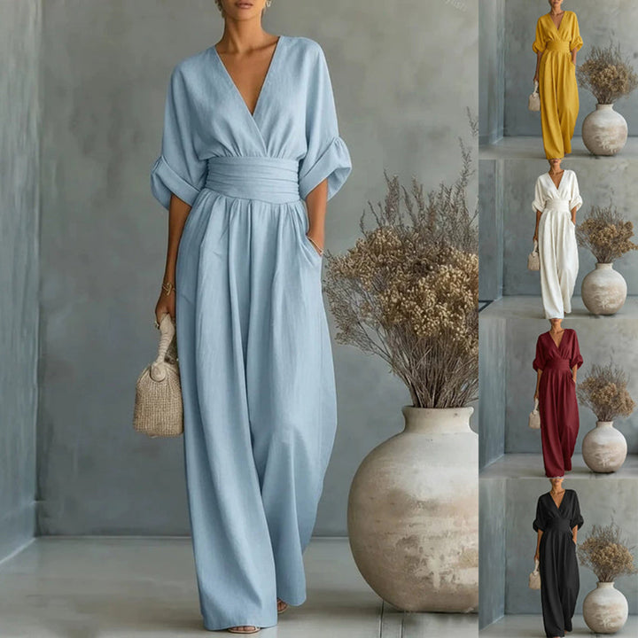 Women's short sleeve V-neck wide leg jumpsuit. Perfect casual spring/summer one-piece for comfort & style.