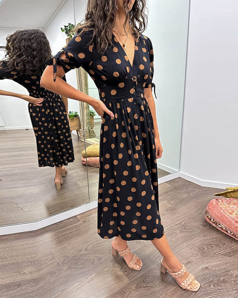 Polka Dot V-Neck Midi Dress