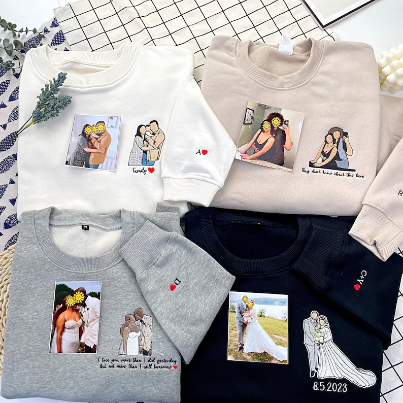 Embroidered photo hoodie. Personalized unisex sweatshirt for Dad, a unique memory gift.