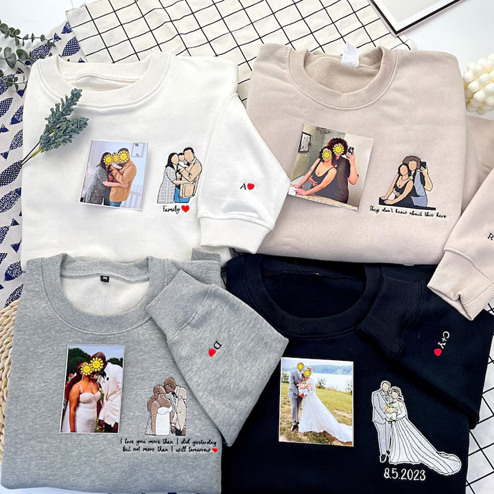 Embroidered photo hoodie. Personalized unisex sweatshirt for Dad, a unique memory gift.