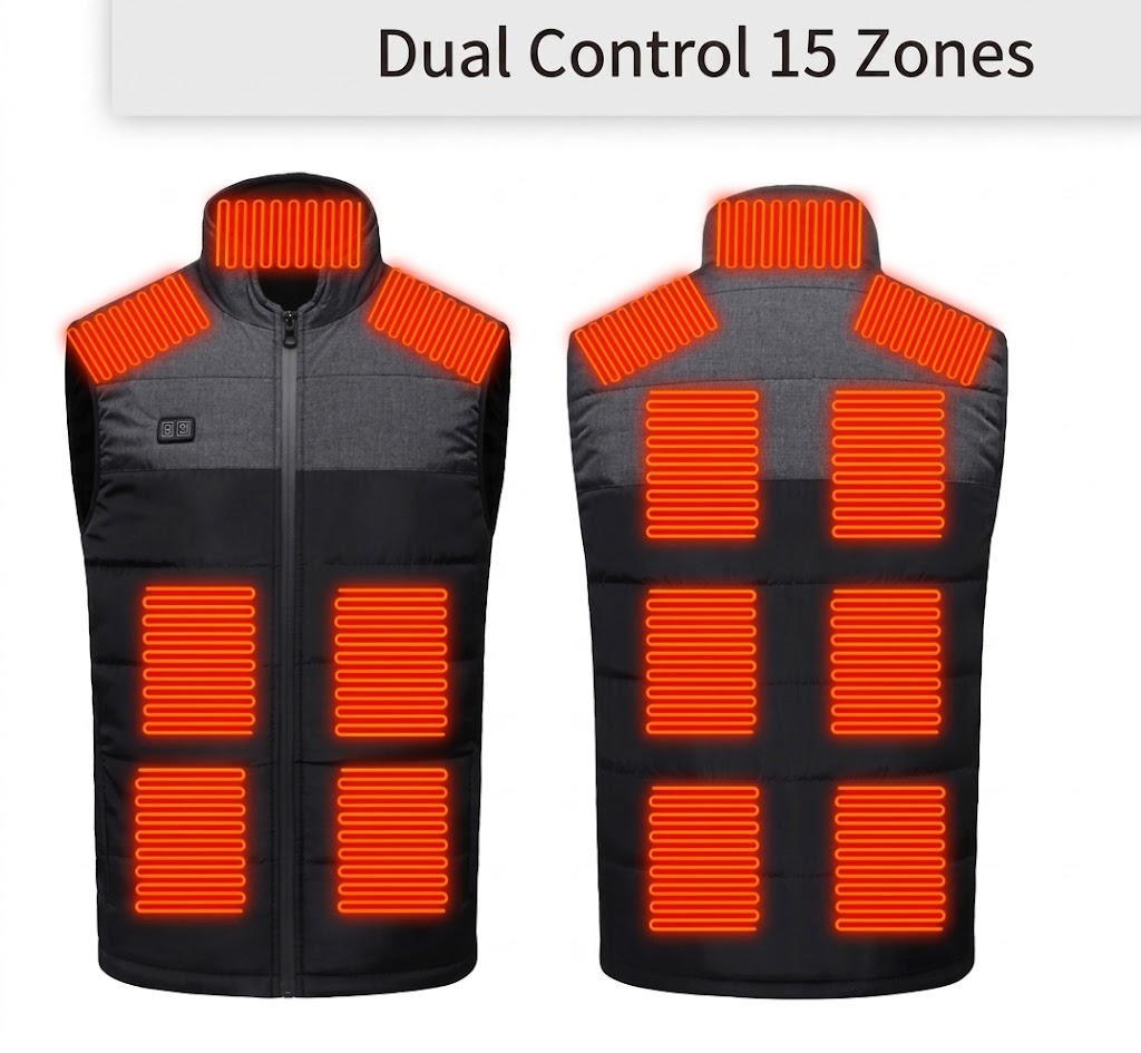 Warm outdoor vest with heating elements, designed for ultimate comfort in winter.