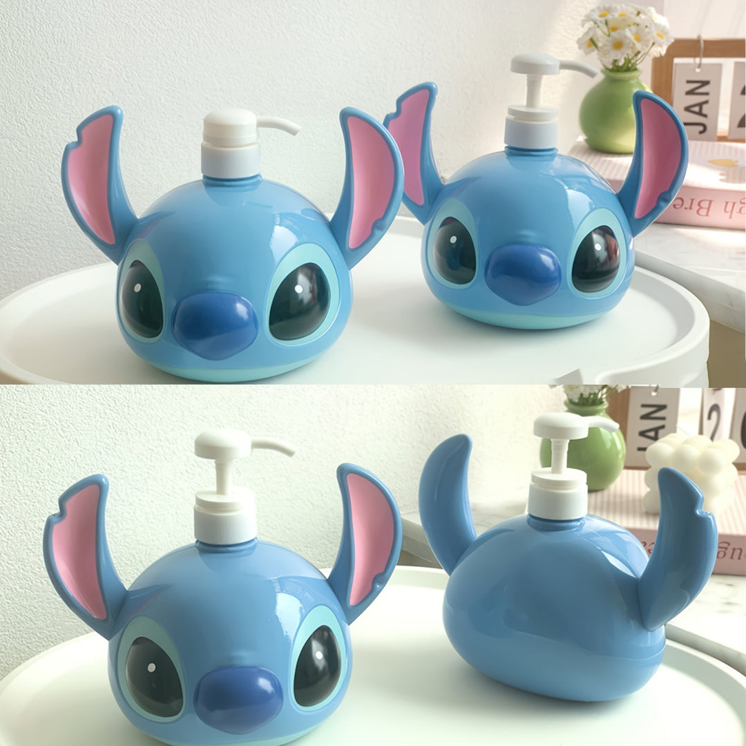 Disney Stitch character liquid soap dispenser styled in a modern bathroom. Perfect, playful accent for home decor.