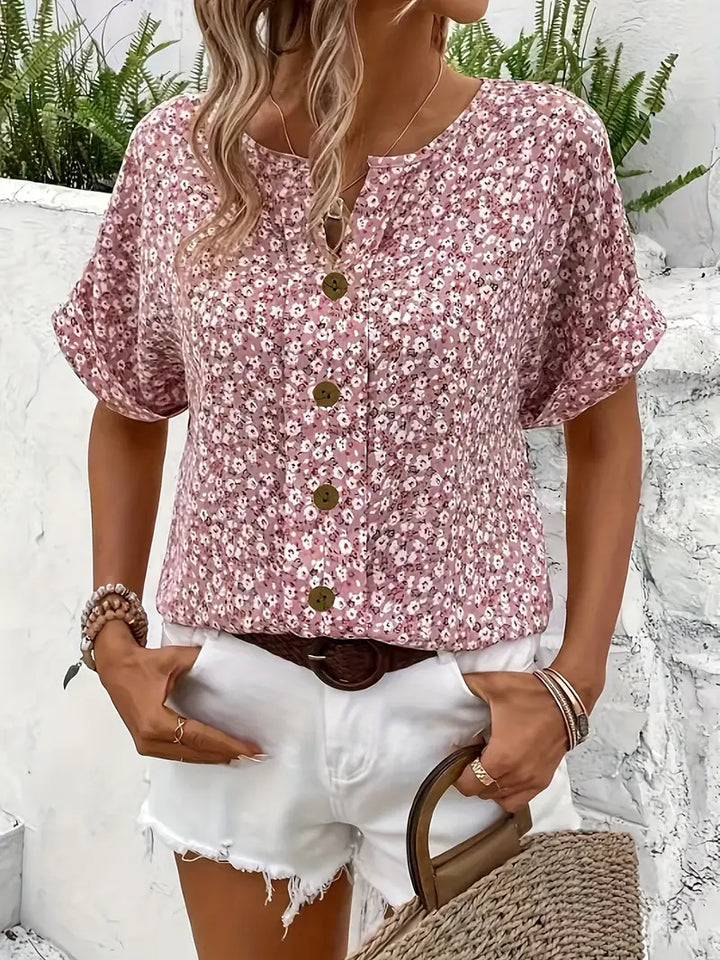 Versatile women's chic floral blouse, perfect with button details for office, casual, or summer outfits.