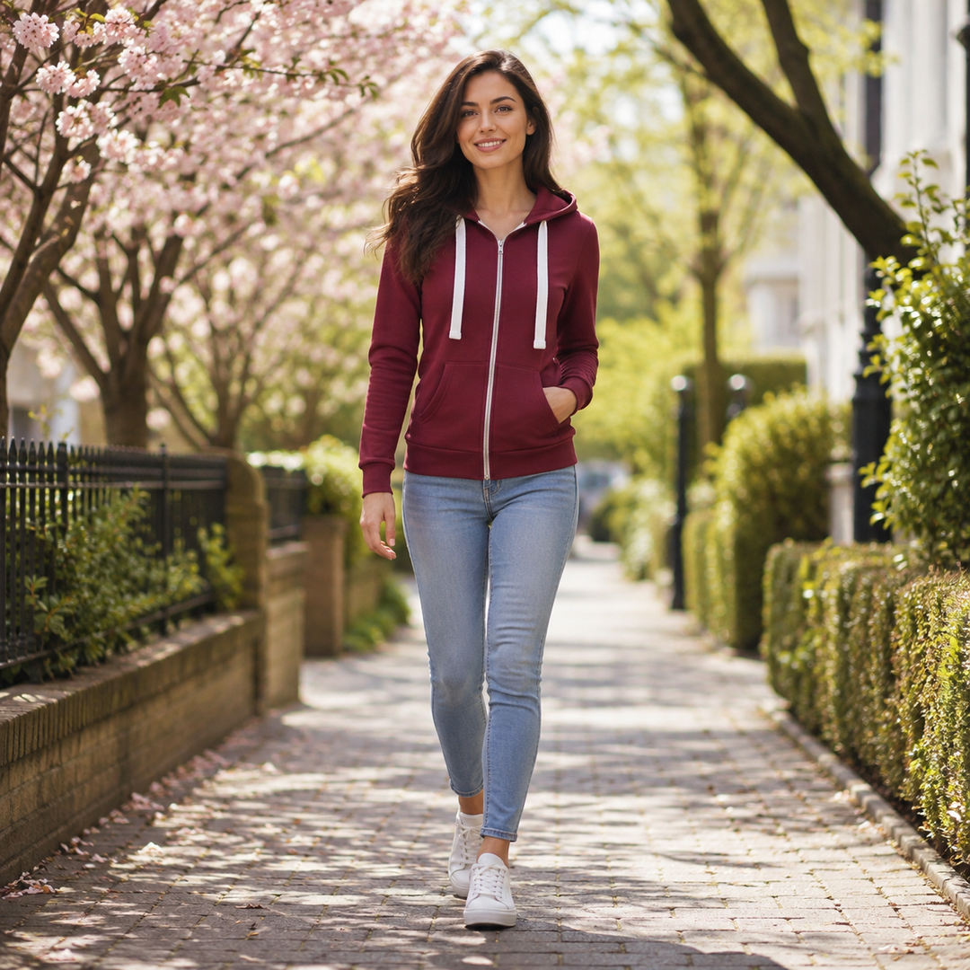 Close-up of a women's slim fit zip-up hoodie, highlighting the adjustable drawstring hood & zipper.