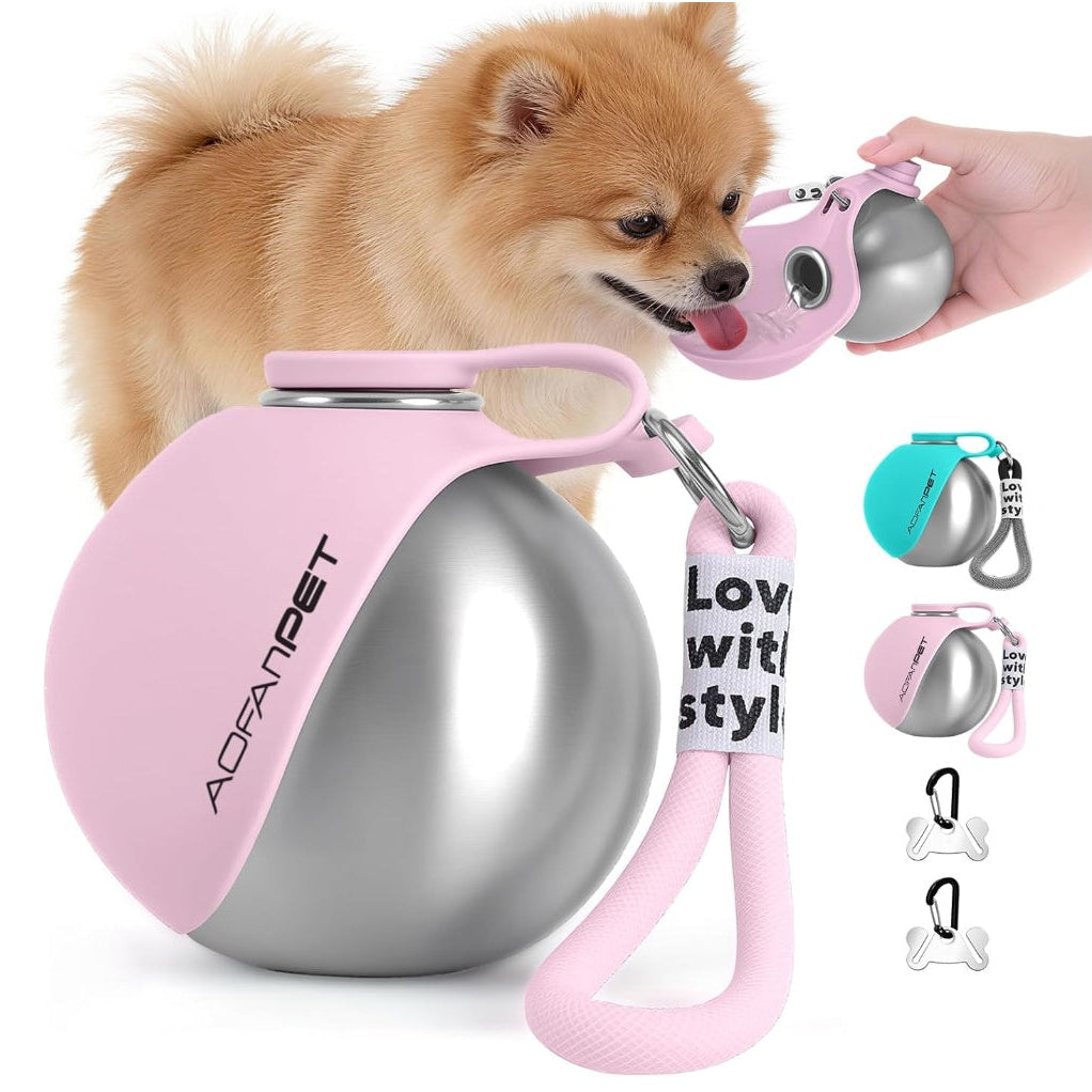 Portable stainless steel pet water bottle for dogs & cats, ideal for travel, walks, & outdoor adventures.
