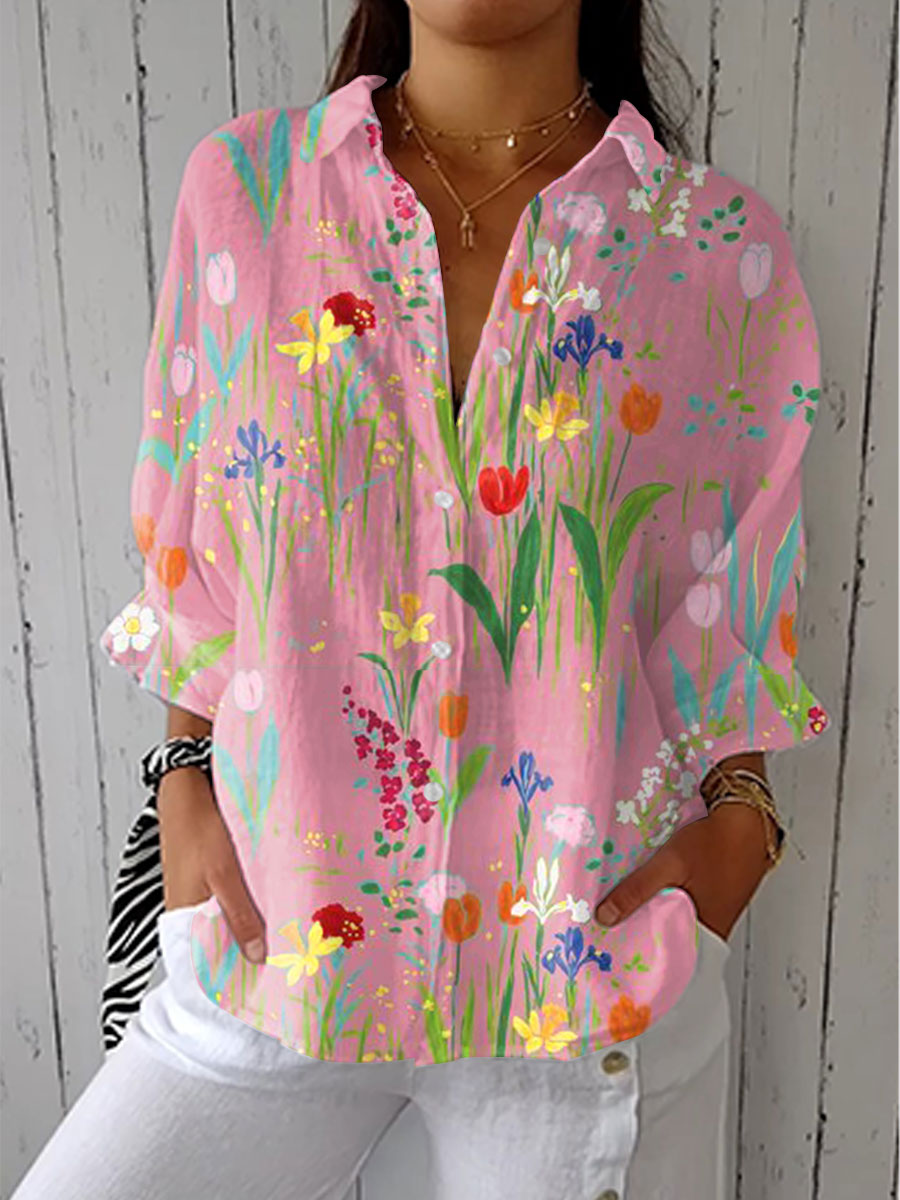 Women's pink floral V-neck blouse, vibrant spring garden style, perfect for casual elegant everyday wear.