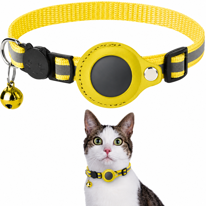Breakaway reflective cat collar with an integrated GPS slot for enhanced pet security.