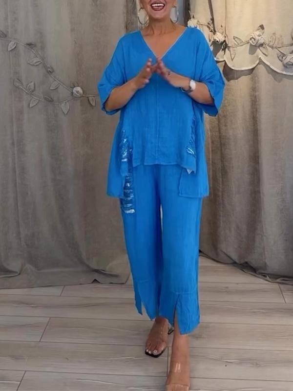 Women's V-Neck Top & Wide Leg Pants Set