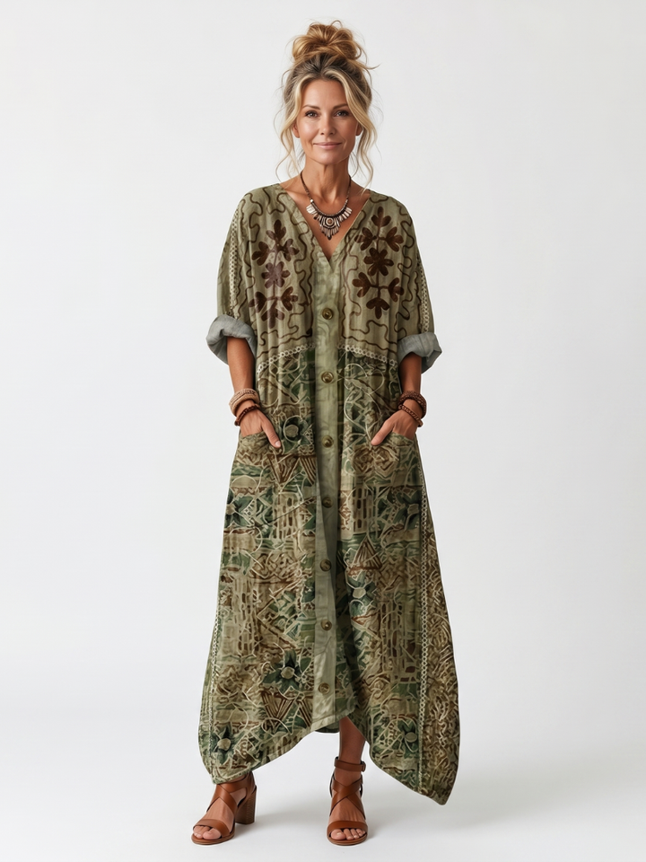 Women's oversized midi dress with button front, V-neck, and delicate embroidery. Perfect casual summer style.