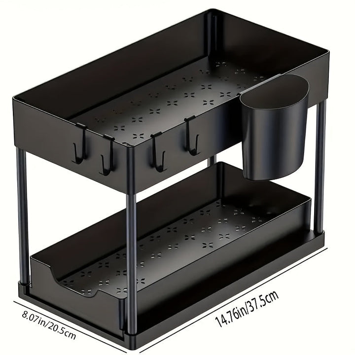 Black 2-tier under sink organizer with sliding baskets, hooks & cup for neat kitchen/bathroom countertop storage.