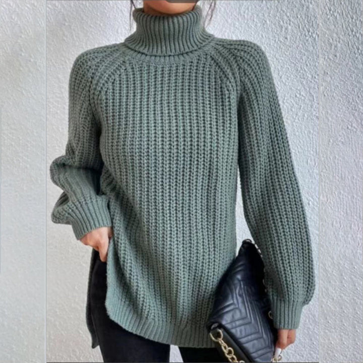 Modern women's turtleneck sweater. Solid, long sleeve pullover with elegant split hem for daily wear.