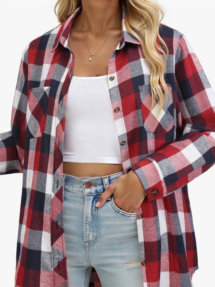 Lumberjack style women's plaid shirt, relaxed fit, long sleeve, button-up for everyday.