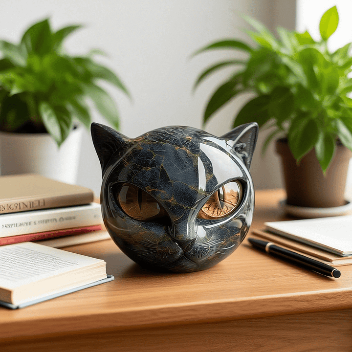Mesmerizing black cat head sculpture, an artistic animal figure in glossy resin for contemporary home decor.