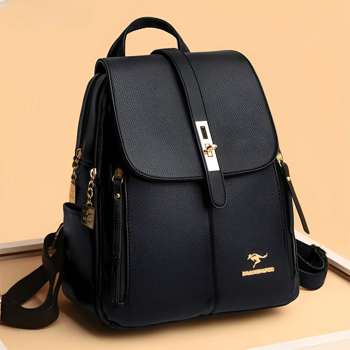 Functional women's leather backpack. Water-repellent and organized, ideal for travel or daily use. Stylish design.