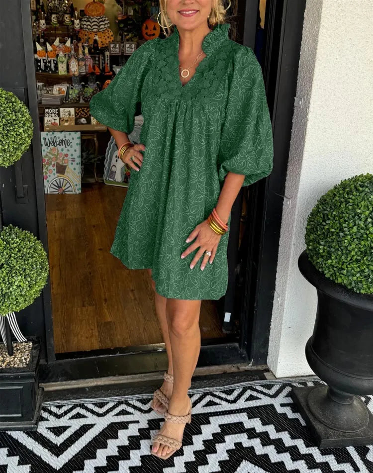 Women's Jacquard Mini Dress with V-Neck and Puff Sleeves