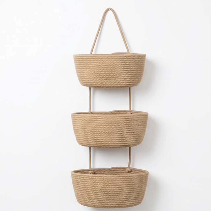 3-Tier hanging cotton storage basket, perfect for space-saving home organization.