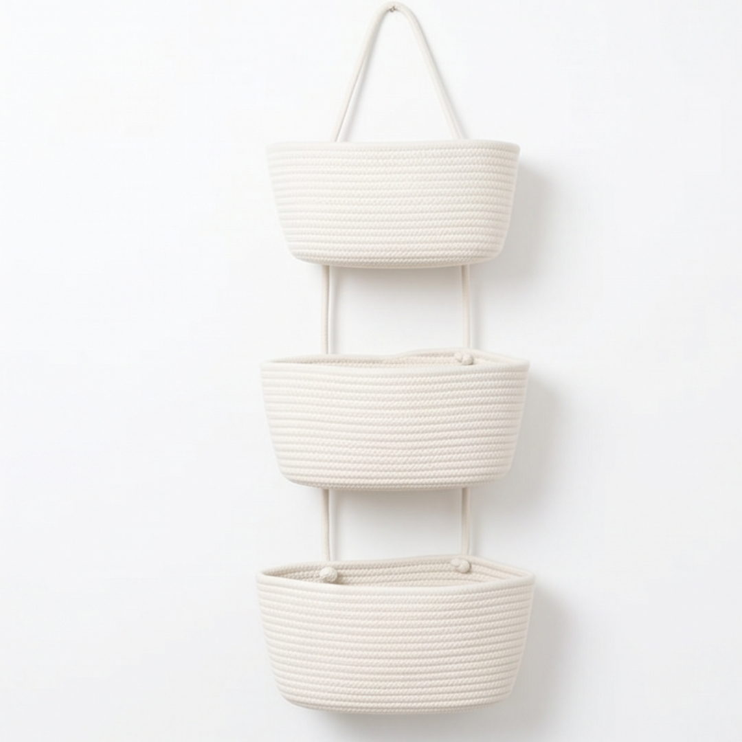 Space-saving vertical storage organizer. Detachable 3-tier cotton basket for home.