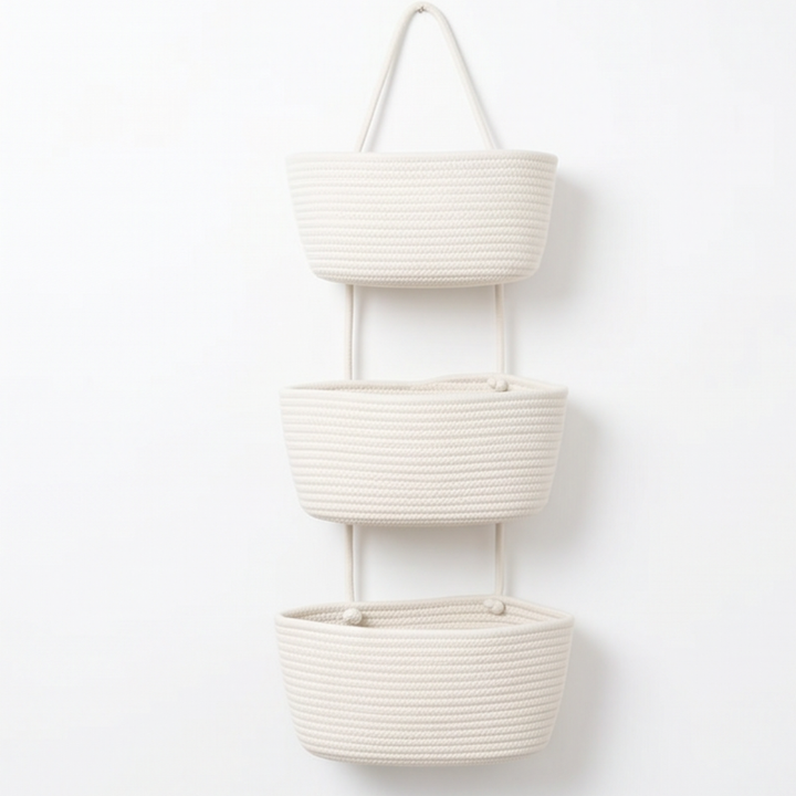 Space-saving vertical storage organizer. Detachable 3-tier cotton basket for home.