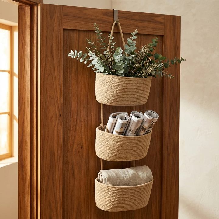 Stylish 3-tier hanging storage basket. Ideal for organizing small spaces and neutral decor.