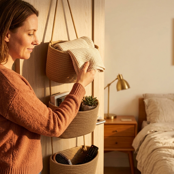 Versatile over-door/wall hanging storage. 3-tier cotton basket for practical home organization.
