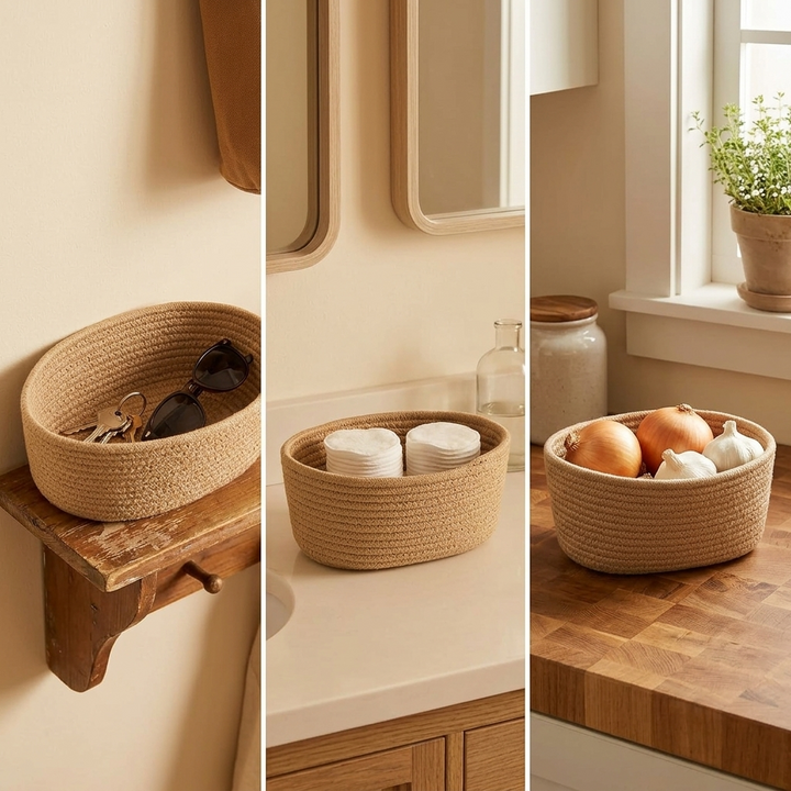 Handy 3-tier cotton hanging basket. Great space-saving solution for toys, laundry, or pantry.
