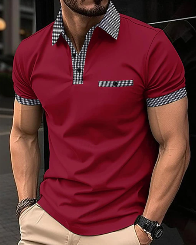 Men's classic smart-casual polo shirt with a stylish checkered collar, short sleeves, and button placket detail.