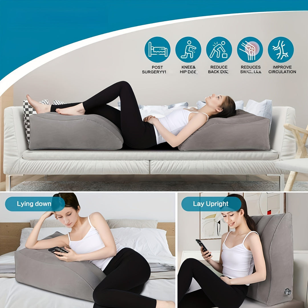 Person using an inflatable leg elevation pillow to aid blood circulation & achieve restful sleep.