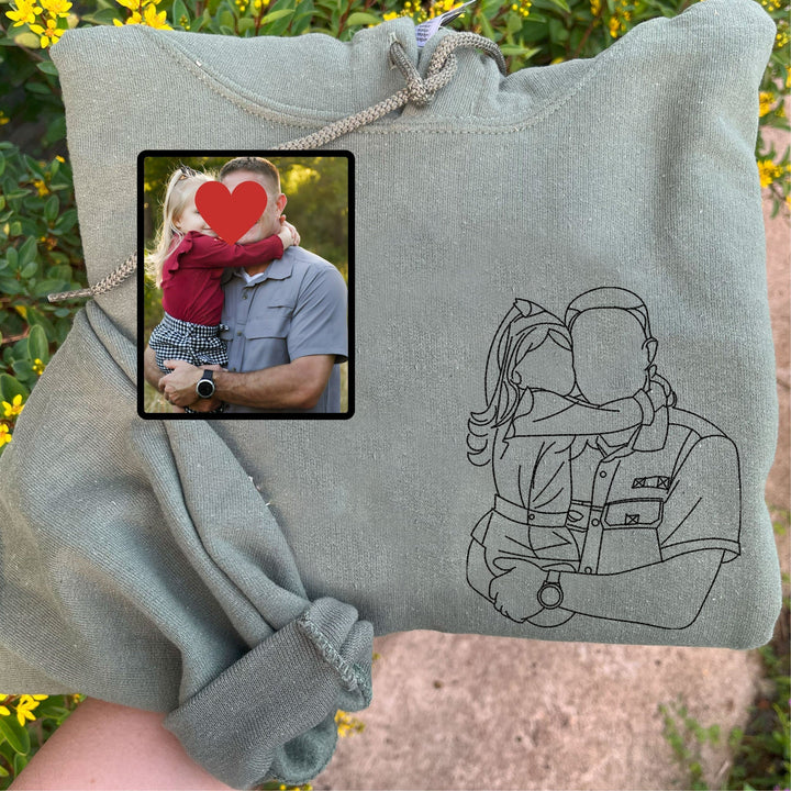 Personalized photo hoodie with music player design. Embroidered unisex sweatshirt, best memory gift for Dad.