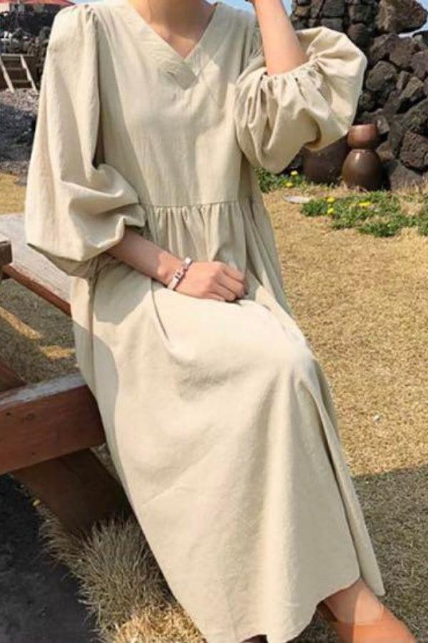 Women's V-Neck Midi Dress Loose Fit