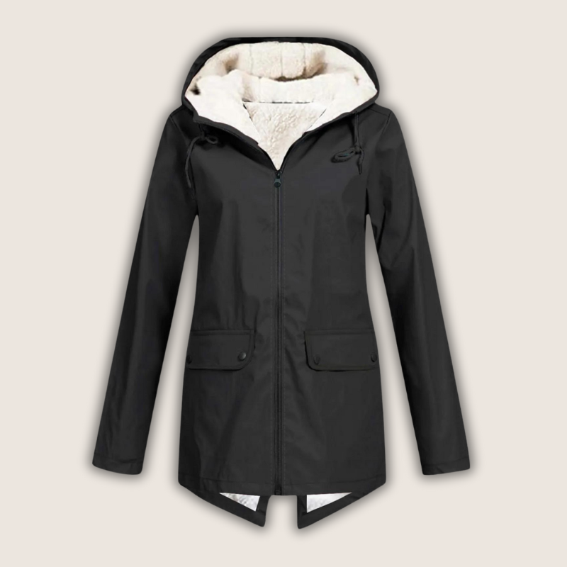 Durable women's waterproof jacket, windproof with an adjustable hood, essential outdoor gear for active women.