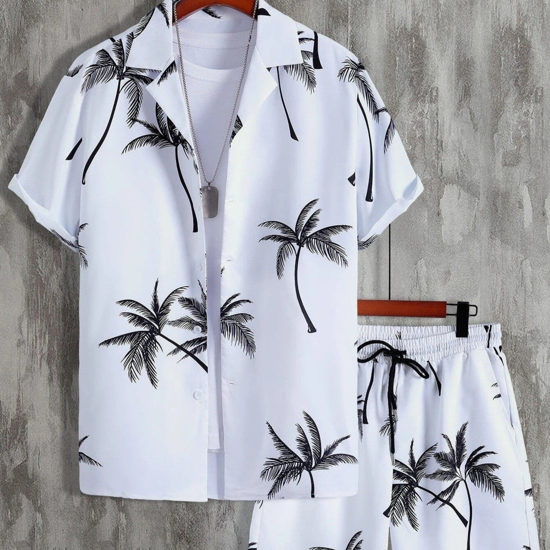Island vibes men's tropical summer matching set: shirt & shorts, great for warm weather & beach fashion.