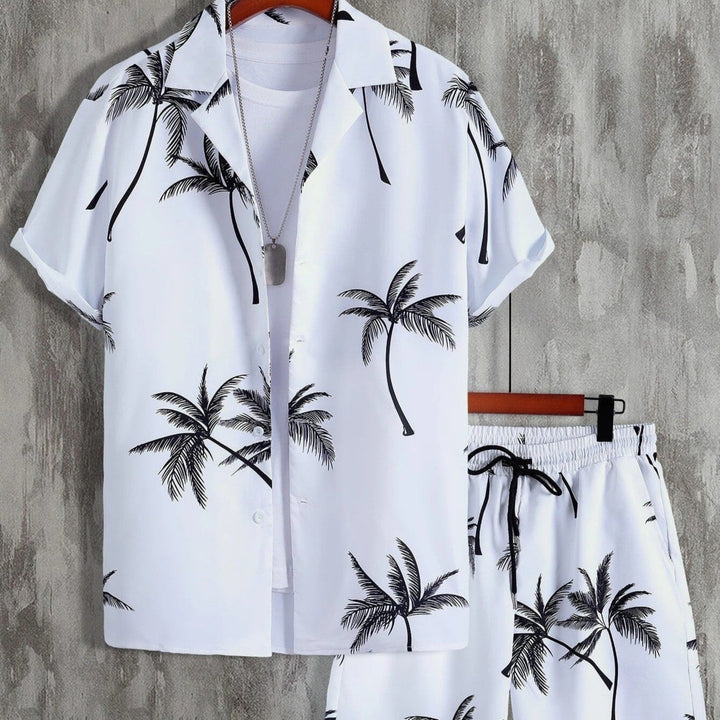 Island vibes men's tropical summer matching set: shirt & shorts, great for warm weather & beach fashion.